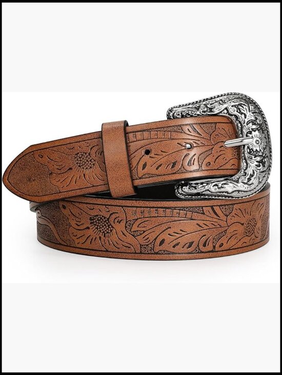 Accessories - Vintage Western Belt Adjustable Floral Buckle PU Leather Cowboy Cowgirl Style